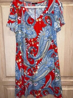 JBL Red-Orange Paisley V-Neck Mini Dress with Blue Accents